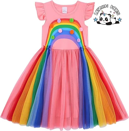 LEZONKIDS - OEM Customizable Tulle Lace Dress Colorful Small Balls Short Sleeve Layered Ruffles Kids Girls Dresses for 2-14Y Children